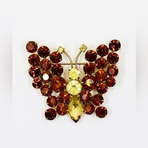 Vintage Topaz & Jonquil Prong Set Rhinestone Butterfly Brooch Excellent Cond